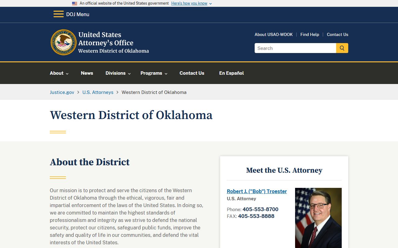Woods County federal court charge and arrest records resource at the U.S. Attorney Western District of Oklahoma