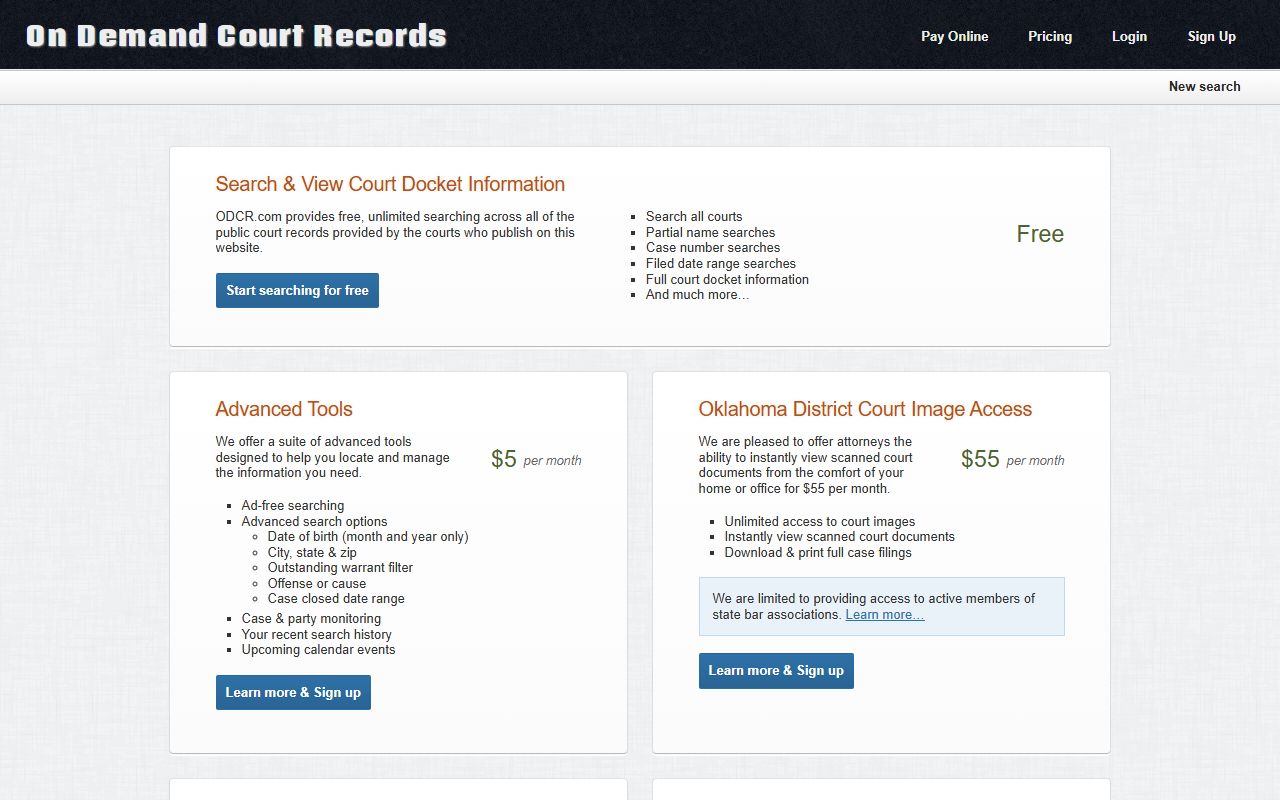 ODCR pricing page for Woods County court records access