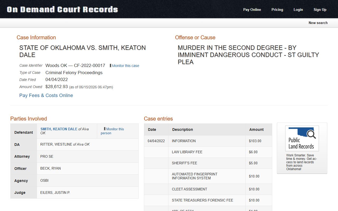 ODCR felony case detail in Woods County court records