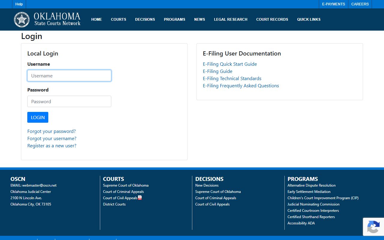 Oklahoma e-filing system for Woods County court records