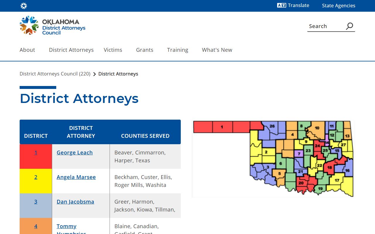 Woods County criminal court records and the Oklahoma District Attorneys Council list