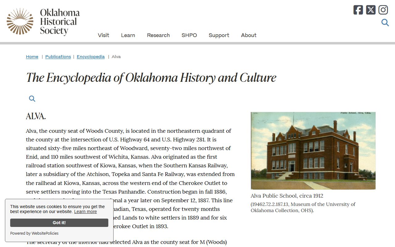Woods County district court seat of Alva, Oklahoma historical context