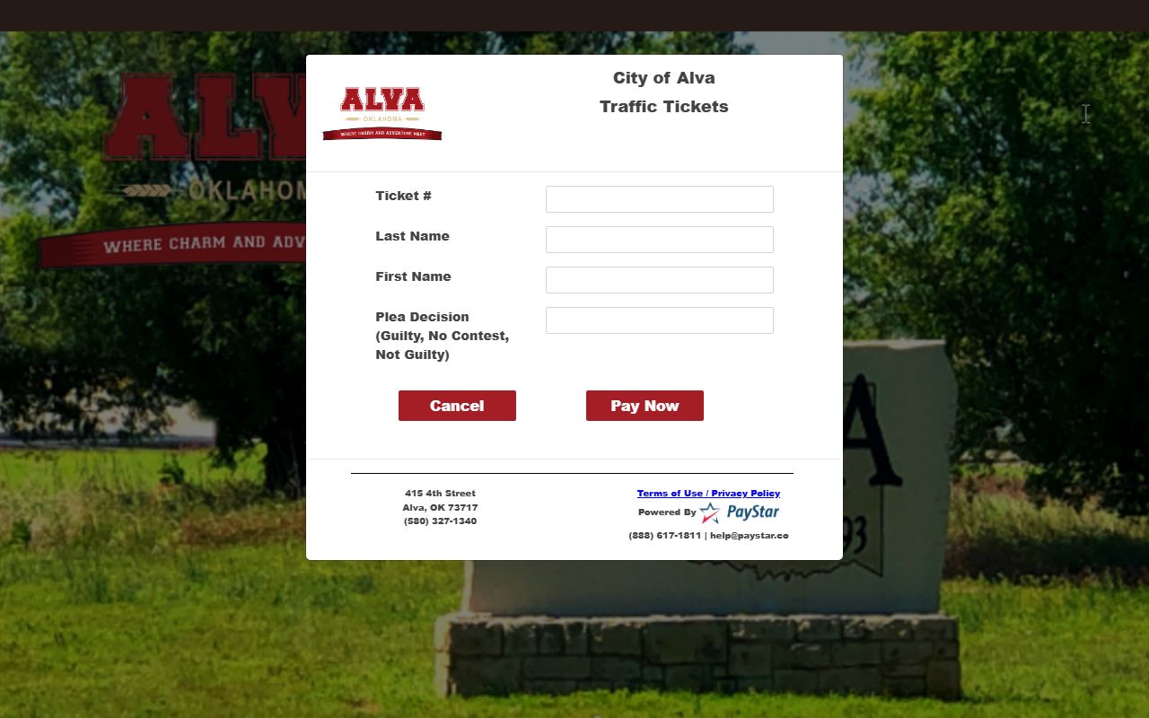 Alva PayStar portal for paying Woods County traffic court records citations
