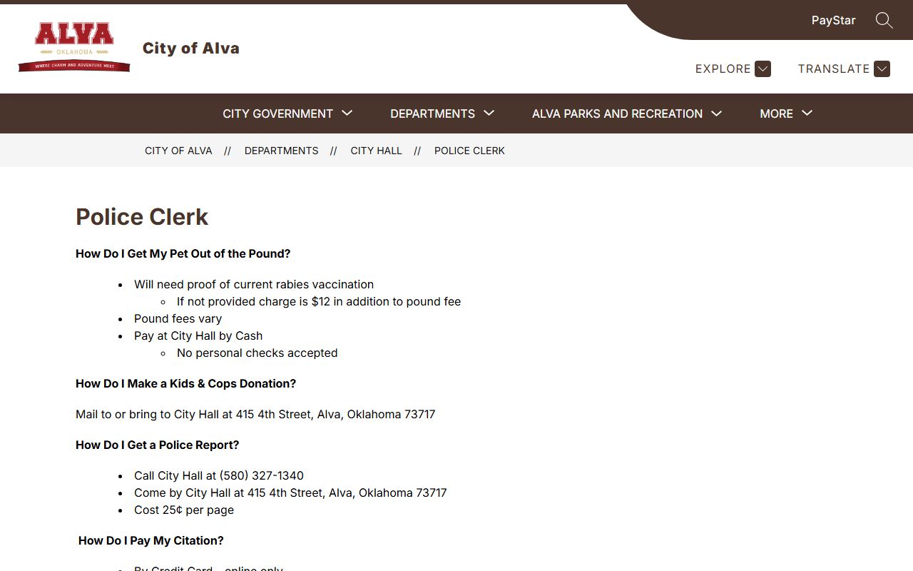 Alva Police Clerk page for Woods County traffic court records