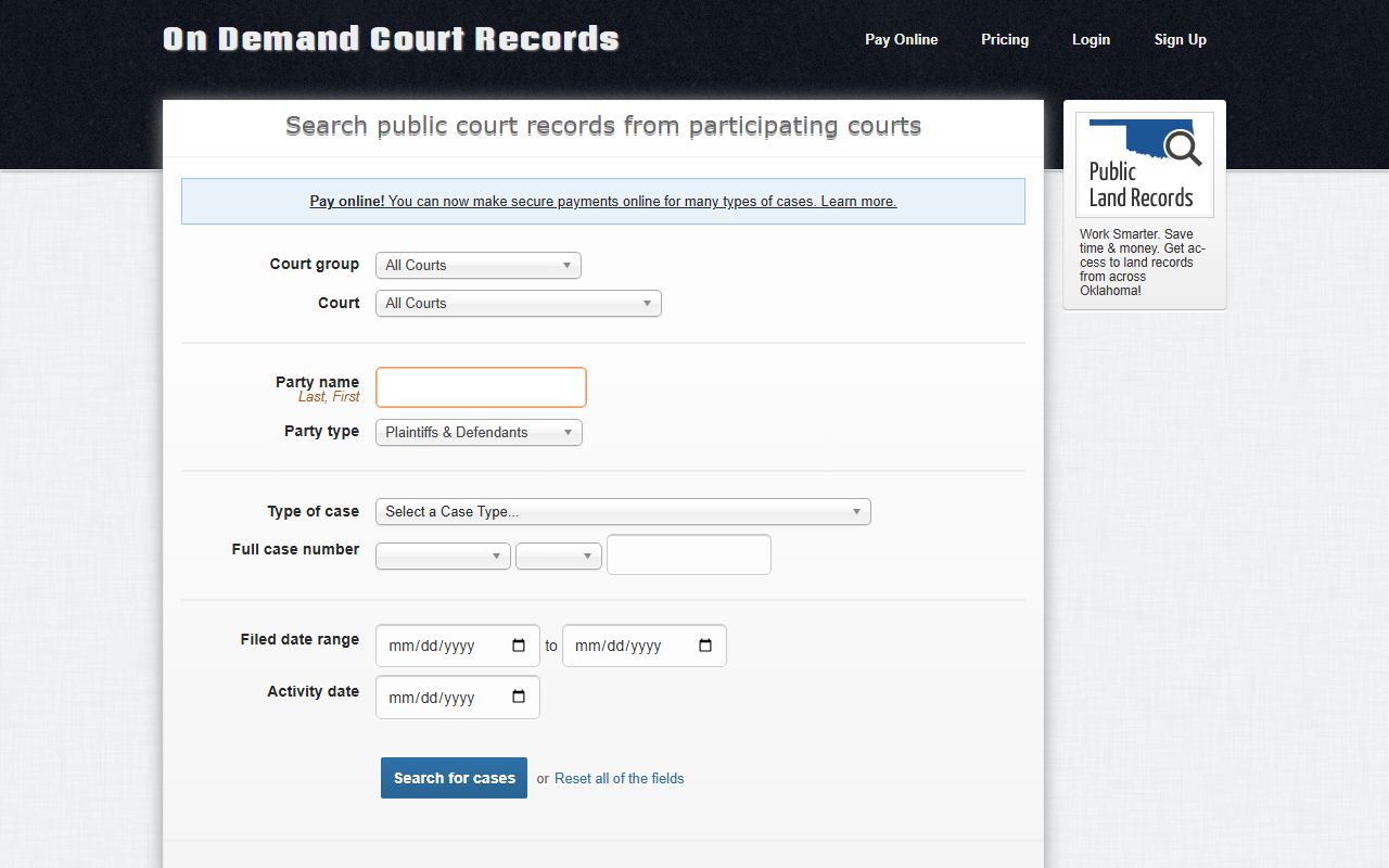 ODCR public search portal for Woods County court records