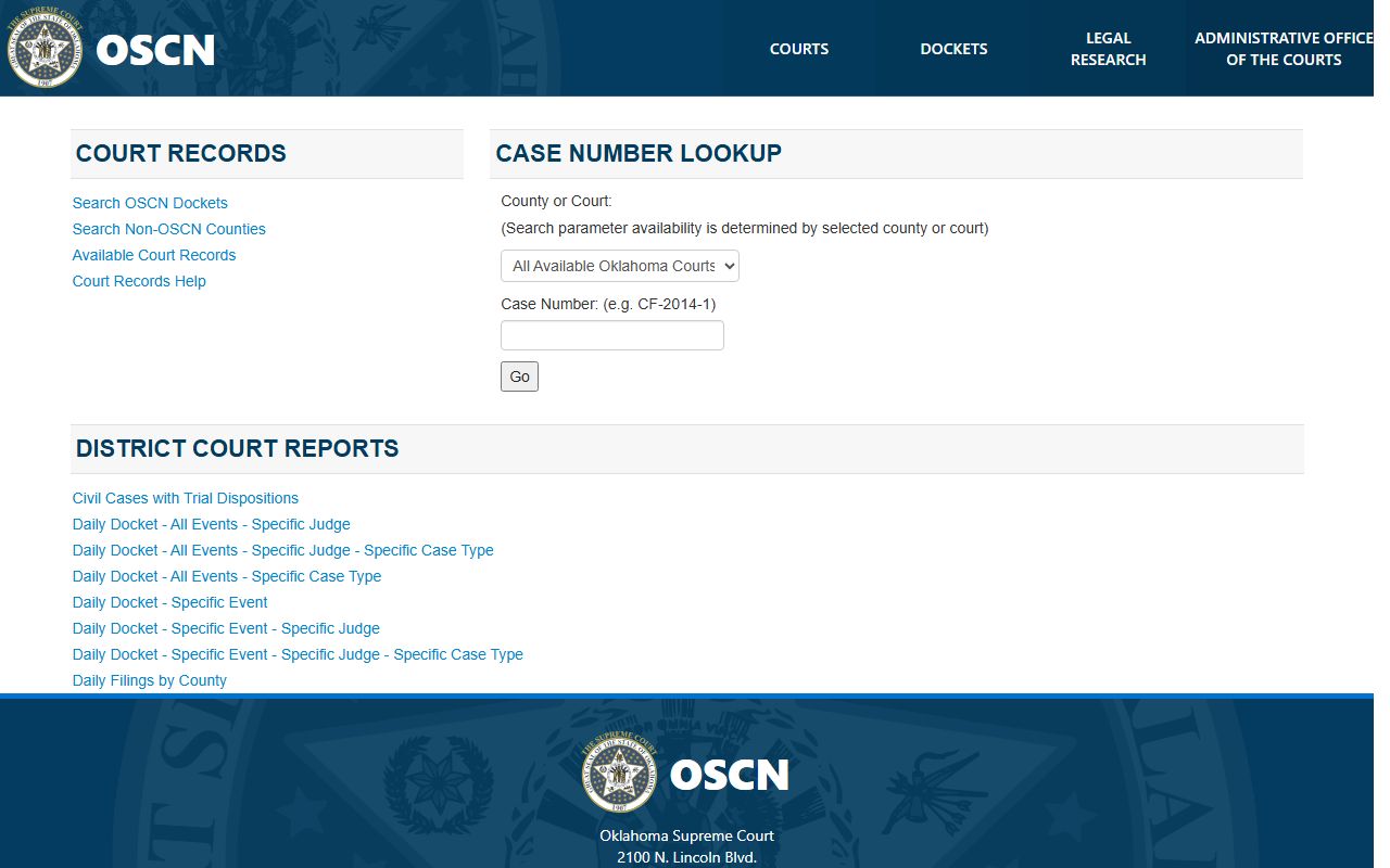 OSCN docket page used to search Woods County court records