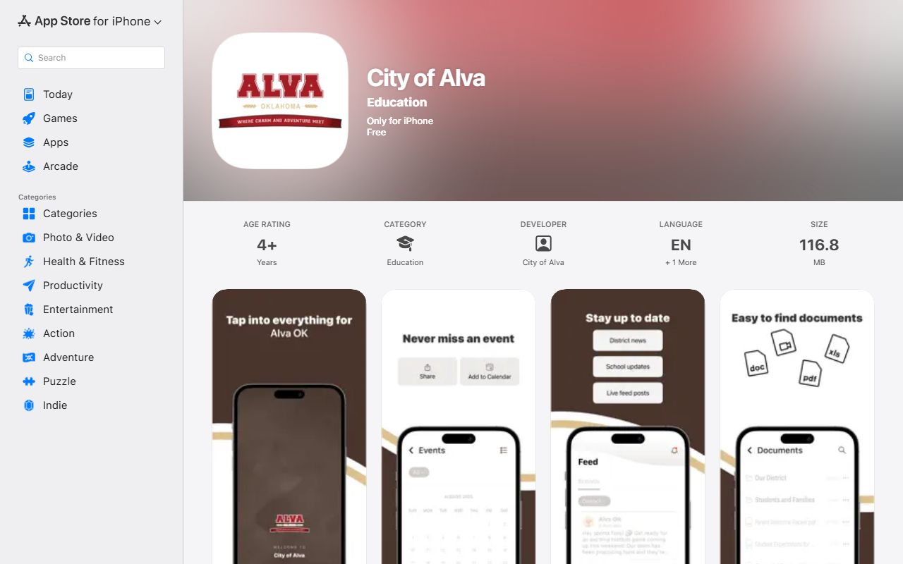 City of Alva app listing related to Woods County marriage and divorce records access