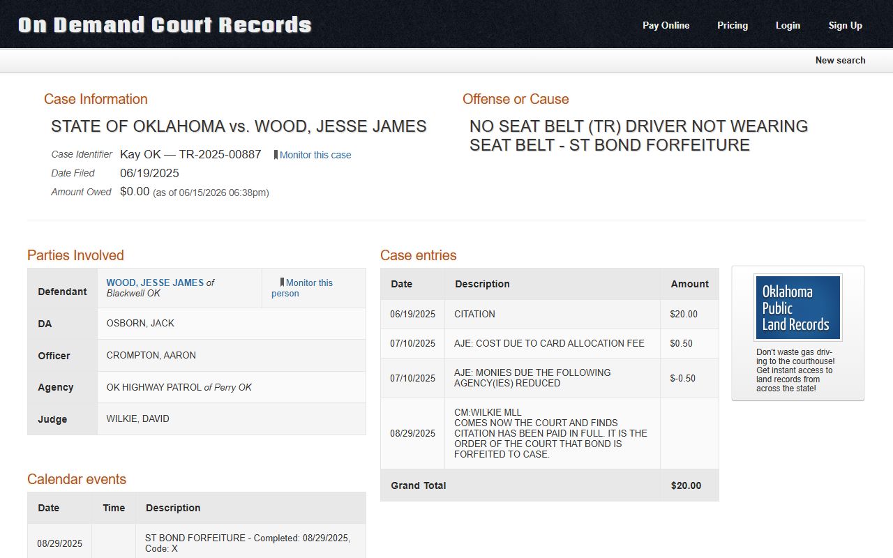 Woods County traffic court records ODCR citation case detail layout