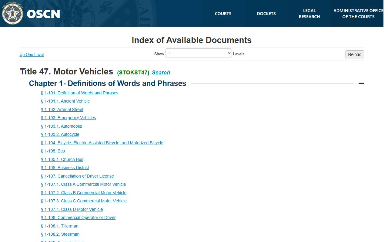 Woods County traffic law reference in Oklahoma Title 47 motor vehicle statutes