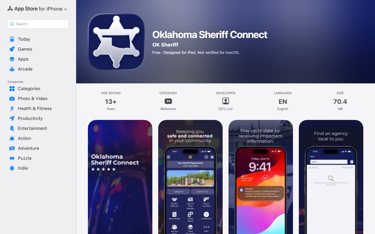 Oklahoma Sheriff Connect app listing for Woods County warrant information